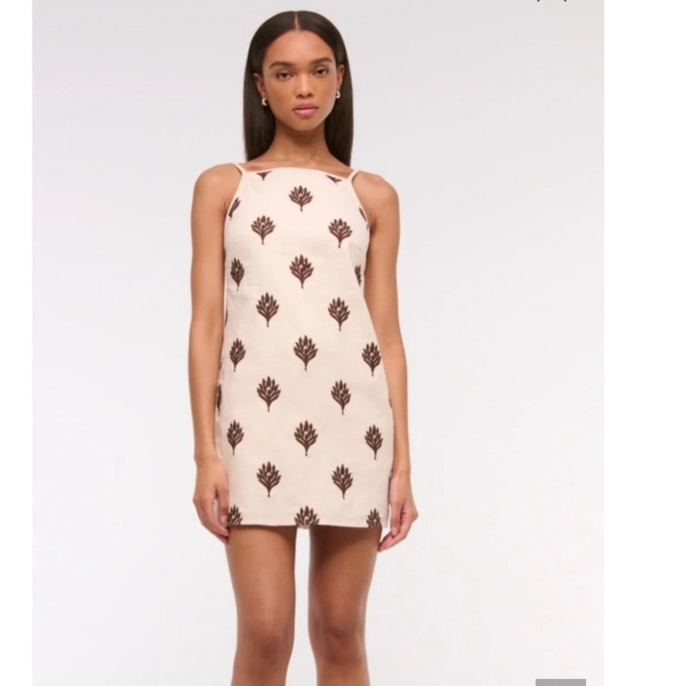 Embroidered Mini Dress Cream Brown Floral Open Tie Back Sleeveless Shift